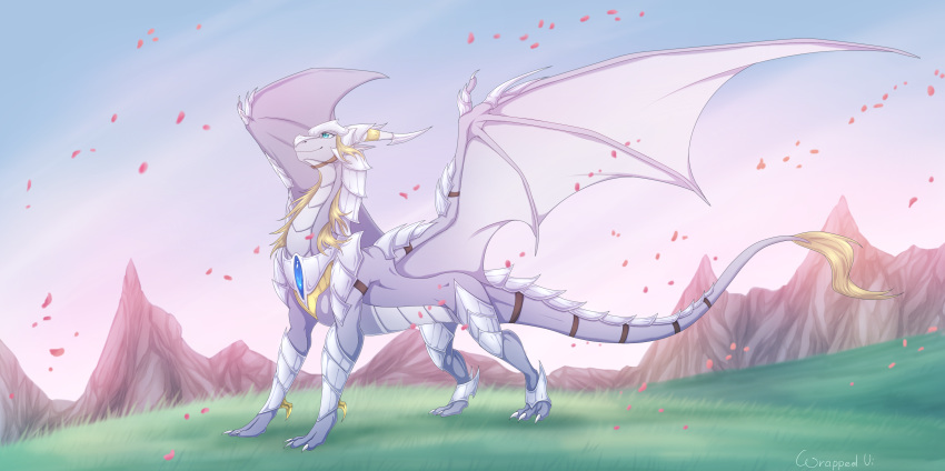 2018 blue_eyes claws day detailed_background digital_media_(artwork) dragon feral grass grey_skin membranous_wings outside scalie sky smile solo standing western_dragon wings wrappedvi