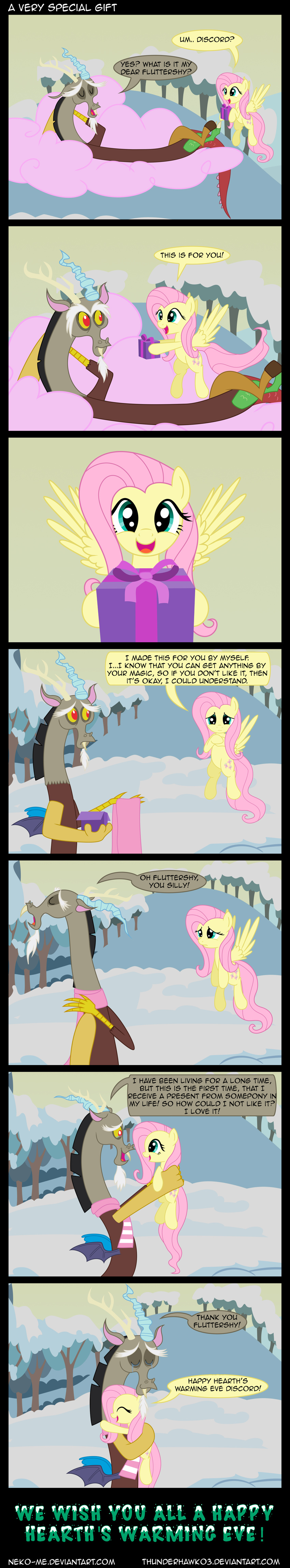 blue_eyes cloud comic cotton_candy cutie_mark dialog discord_(mlp) draconequus english_text equine fangs female fluttershy_(mlp) flying friendship_is_magic happy_tears hug male mammal my_little_pony outside pegasus red_eyes scarf smile snow tears text thunderhawk03 tree wings