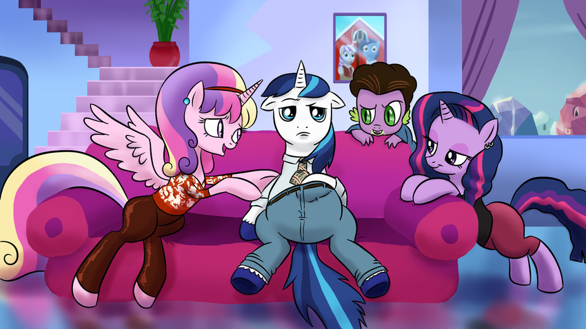 blue_eyes brown_hair clothed clothing crescent_(mlp) doublewbrothers dragon ear_piercing equine female friendship_is_magic green_eyes group hair horn horse male mammal married_with_children multi-colored_hair my_little_pony navel parody piercing pony princess_cadance_(mlp) purple_eyes scalie shining_armor_(mlp) sofa spike_(mlp) star_sparkle_(mlp) twilight_sparkle_(mlp) twilight_velvet_(mlp) two_tone_hair unicorn winged_unicorn wings