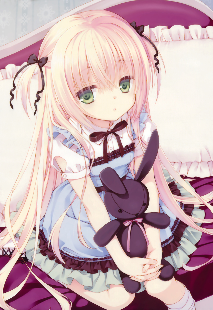 absurdres blonde_hair bow breasts child couch dress flat_chest frilled_dress frills green_eyes hair_bow hair_ornament hair_ribbon highres lolita_fashion long_hair looking_at_viewer muririn original pillow ribbon sitting small_breasts socks solo stuffed_animal stuffed_bunny stuffed_toy sweet_lolita two_side_up very_long_hair