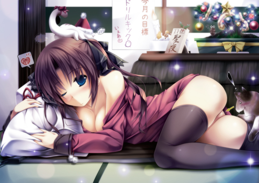 black_legwear blue_eyes blush bonsai breasts brown_hair cake cat christmas_tree cleavage food hair_ribbon hat heart kai_yuuki kotatsu kurisugawa_kii large_breasts long_hair looking_at_viewer one_eye_closed original ribbon sack santa_hat solo spoken_heart table thighhighs translation_request