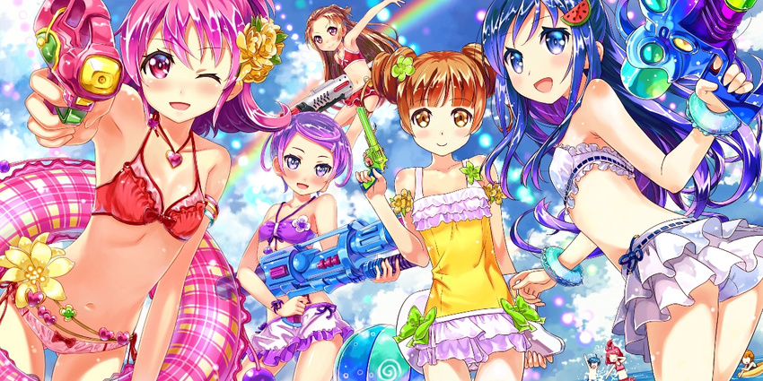 aida_mana ball beachball bikini bikini_skirt blue_eyes brown_hair buntan dokidoki!_precure flower food_themed_hair_ornament hair_flower hair_ornament hairclip heart hishikawa_rikka innertube jewelry kenzaki_makoto long_hair madoka_aguri multiple_girls necklace ocean one-piece_swimsuit one_eye_closed orange_eyes orange_hair pink_eyes pink_hair precure purple_eyes purple_hair short_hair smile swimsuit water water_gun watermelon_hair_ornament yotsuba_alice