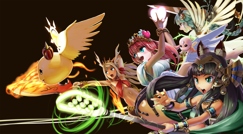 abazu-red action animal_ears aqua_eyes armpits baby bastet_(p&amp;d) blonde_hair blue_eyes bracelet braid brown_hair cat_ears crown echidna_(p&amp;d) egyptian fire green_eyes hair_ornament headdress heart highres instrument jewelry king_shynee_(p&amp;d) lamia light_valkyrie_(p&amp;d) magic midriff monster_girl multiple_girls navel open_mouth pink_hair puzzle_&amp;_dragons red_eyes silver_hair sword valkyrie_(p&amp;d) venus_(p&amp;d) weapon wings