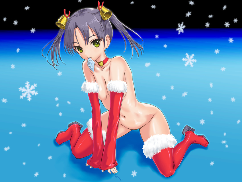 alternate_costume arm_support bangs bell blush boots breasts choker christmas cleavage condom convenient_censoring detached_sleeves fur_trim gradient green_eyes grey_hair groin hair_bell hair_ornament heart high_heels highres kantai_collection kneeling leaning_forward looking_at_viewer mouth_hold navel nude outline parted_bangs rasukaru red_legwear ribbon santa_costume shadow short_hair short_twintails sleeves_past_wrists small_breasts smile snow snowflakes solo spread_legs thigh_boots thighhighs twintails v_arms zuikaku_(kantai_collection)