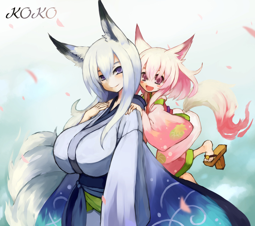 animal_ears blue_hair blush blush_stickers borrowed_character breasts fox_ears fox_tail geta hair_between_eyes huge_breasts japanese_clothes kimono kitsune long_hair looking_at_viewer multiple_girls multiple_tails open_mouth original pink_eyes pink_hair purple_eyes senhappyaku smile tail tengu-geta