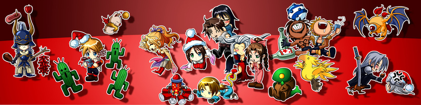 6+boys aerith_gainsborough ahriman anger_vein belt blitzball blonde_hair blue_eyes blush bottle bow brown_hair candy candy_cane cape carrying chibi chocobo clenched_hands closed_eyes cloud_strife commentary_request dark_skin detached_sleeves diamond_dust disembodied_head dissidia_012_final_fantasy dissidia_final_fantasy dress drill_hair drooling father_and_son final_fantasy final_fantasy_i final_fantasy_iii final_fantasy_vi final_fantasy_vii final_fantasy_viii final_fantasy_x food gift gloves green_eyes grin hair_ribbon hat helmet heterochromia highres jacket jecht jenova kneeling leg_hair long_hair long_image meat moogle multicolored_hair multiple_boys multiple_girls open_mouth parted_lips planted_sword planted_weapon ponytail popped_collar ribbon rinoa_heartilly sabotender santa_hat sephiroth silver_hair single_eye sitting sleeveless_duster smile spiked_hair squall_leonhart stick sword tail tail_ribbon tattoo tidus tina_branford tonberry two-tone_hair ultimecia uneven_eyes warrior_of_light weapon white_hair wide_image wide_sleeves x_x yellow_eyes yuna_(ff10) zidane_tribal