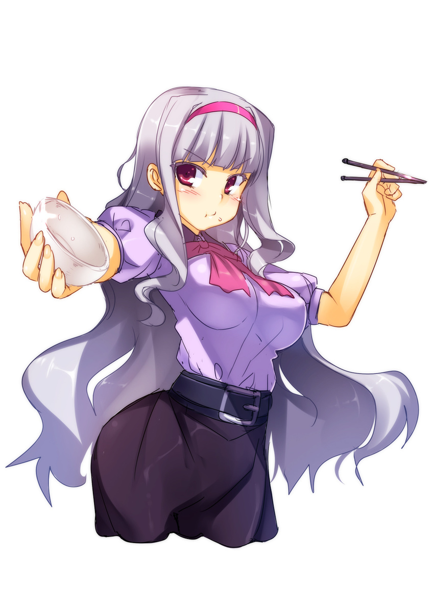 bowl chopsticks eating food food_on_face hairband highres holding holding_chopsticks idolmaster idolmaster_(classic) left-handed long_hair no_legs racer_(magnet) red_eyes rice rice_bowl rice_on_face shijou_takane silver_hair solo white_background