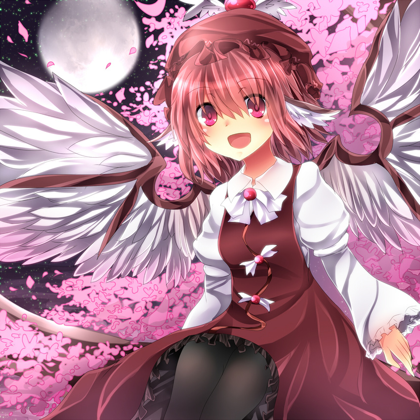 :d animal_ears black_legwear cherry_blossoms dress e-co hat highres in_tree moon mystia_lorelei night open_mouth pantyhose pink pink_eyes pink_hair sitting sitting_in_tree smile solo touhou tree