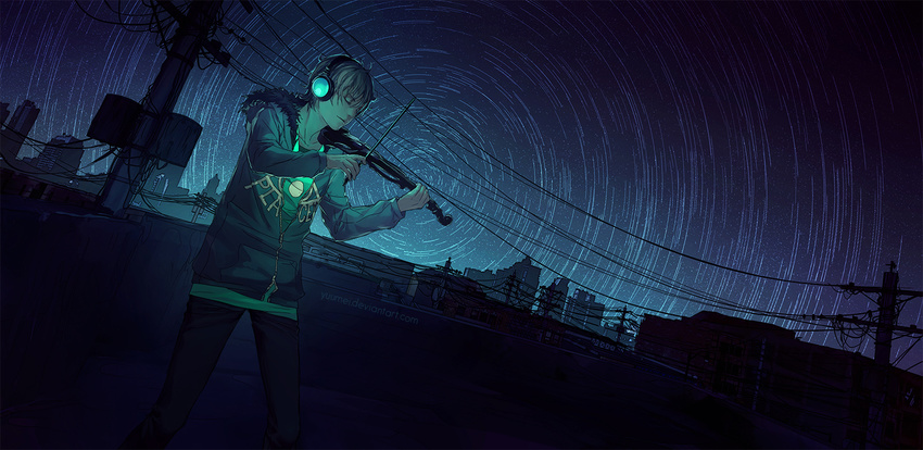 city fisheye_placebo frey_(fisheye_placebo) headphones instrument night short_hair stars violin watermark white_hair yuumei