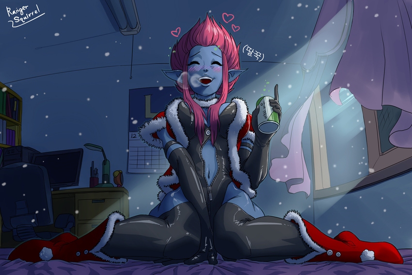 beer_can blue_skin bookshelf boots can chair christmas desk drunk evelynn league_of_legends pink_hair pointy_ears ranger_squirrel room santa_costume screen short_hair solo window