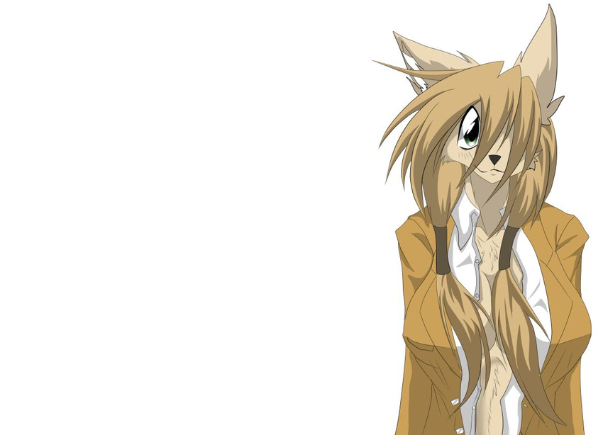breasts brown_fur brown_hair brown_skin camiod canine female fur hair long_hair looking_at_viewer mammal plain_background smile solo white_background
