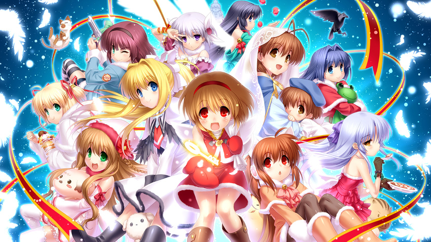 :d ;) adapted_costume air angel_beats! animal antenna_hair arm_ribbon bell bird blonde_hair blue_eyes blue_hair blush boar boots botan_(clannad) braid brown_eyes brown_hair cat chestnut_mouth child christmas clannad coat company_connection crossover crow dog doruji dress family feathers flower food frills frog furukawa_nagisa gloves green_eyes hair_bell hair_flower hair_intakes hair_ornament hair_ribbon hairband hat highres ibuki_fuuko jewelry kagari_(rewrite) kamikita_komari kamio_misuzu kanbe_kotori kannabi_no_mikoto kanon keropii key key_(company) lace lace_trim little_busters! long_hair looking_at_viewer mapo_doufu minase_nayuki mittens mother_and_daughter multiple_girls natsume_rin necklace okazaki_ushio one_eye_closed open_mouth orange_hair panties parfait pearl_necklace piro ponytail potato_(air) purple_eyes purple_hair red_eyes red_skirt rewrite ribbon scarf short_hair silver_hair skirt smile snow sora_(air) starfish stuffed_animal stuffed_toy taiyaki tenshi_(angel_beats!) thighhighs tsukimiya_ayu twin_braids twintails underwear v_over_eye veil wagashi weapon white_panties white_wings wings winter winter_clothes yellow_eyes yuri_(angel_beats!) zen