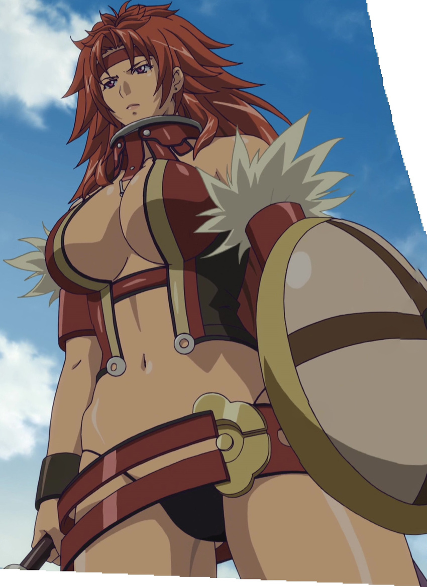 1girl armor breasts highres hobby_japan large_breasts long_hair lost_worlds mace purple_eyes queen's_blade queen's_blade red_hair risty screencap solo standing weapon