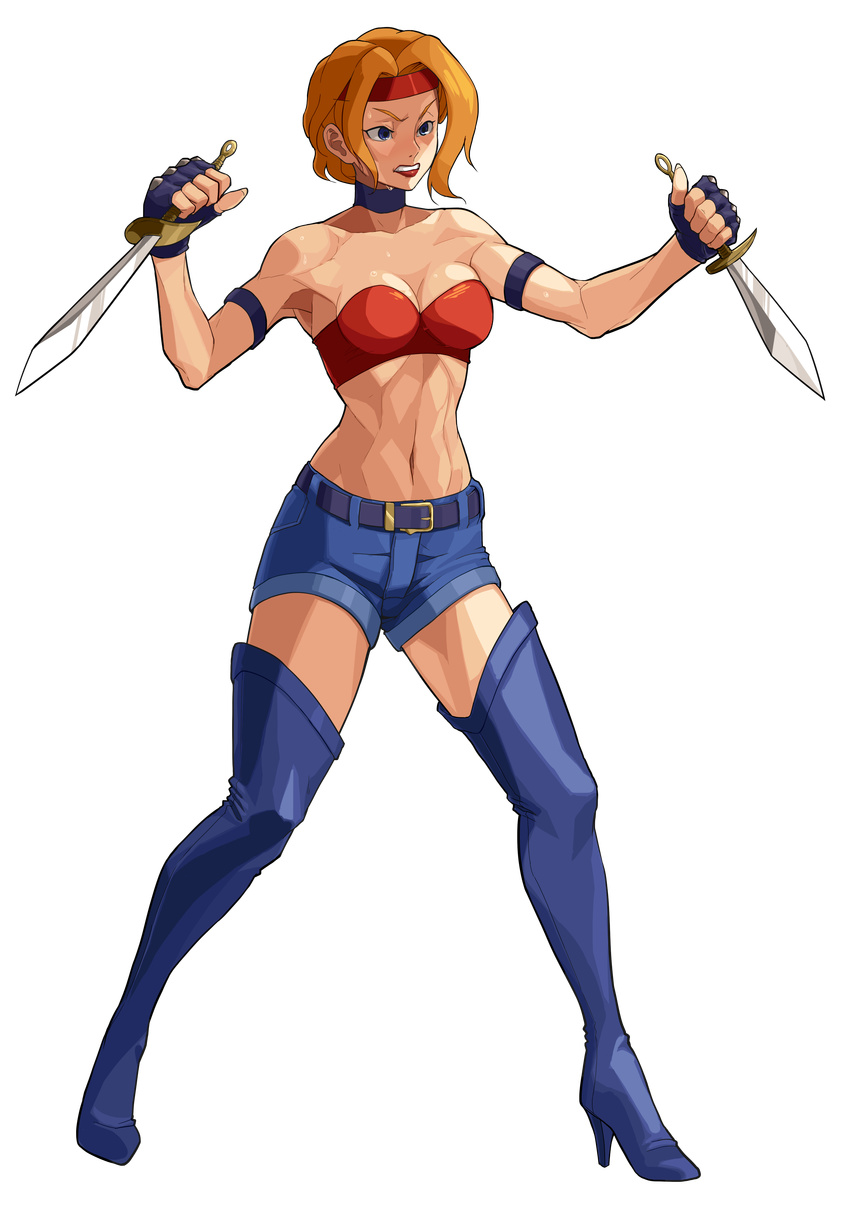 absurdres angry armband armpits baka_guruo bandeau bare_shoulders belt blonde_hair blue_belt blue_choker blue_eyes blue_footwear blue_legwear blue_shorts boots breasts choker cleavage clenched_teeth collarbone dagger denim denim_shorts dual_wielding eliza_(final_fight) fighting_stance final_fight final_fight_2 full_body furrowed_eyebrows hands_up headband high_heel_boots high_heels highres holding holding_dagger holding_weapon legs_apart lipstick looking_away looking_to_the_side makeup medium_breasts midriff navel red_headband red_lipstick reverse_grip short_hair short_shorts shorts sideboob sidelocks slender_waist solo standing strapless sweat teeth thigh_boots thighhighs toned transparent_background weapon