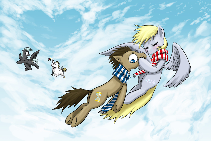 &lt;3 blonde_hair blue_eyes blue_hair blush brown_hair bulk_biceps_(mlp) cloud cutie_mark derpy_hooves_(mlp) doctor_whooves_(mlp) doctotr_whoof_(mlp) doublewbrothers equine eyes_closed eyes_clsoed female flying friendship_is_magic hair horse invalid_color male mammal mistletoe mohawk my_little_pony outside pegasus pony roid_rage_(mlp) scared scarf sky thunderlane_(mlp) wings