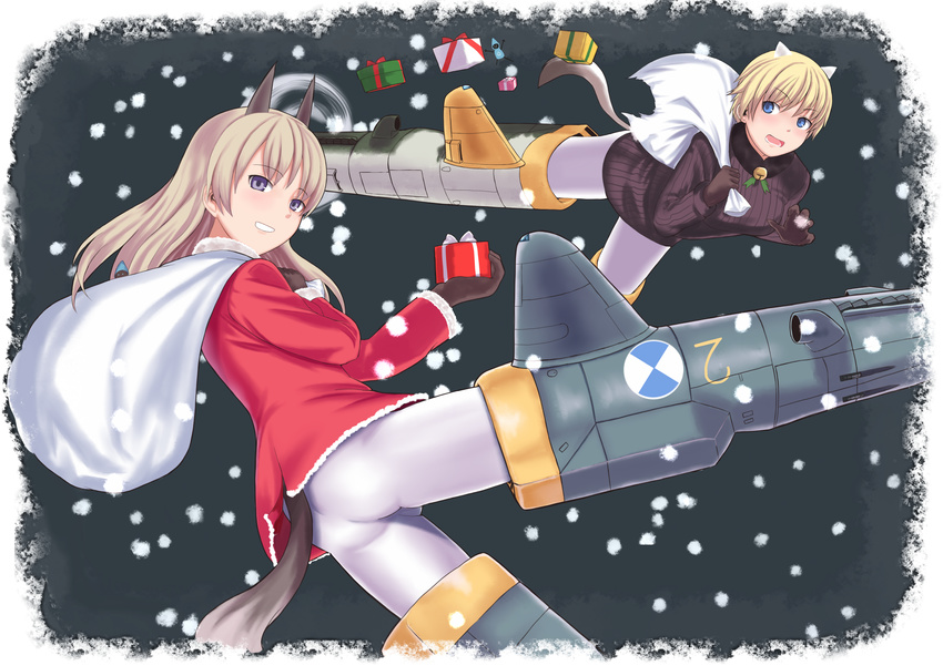 animal_ears ass bad_id bad_pixiv_id bag bell blonde_hair blue_eyes brave_witches christmas eila_ilmatar_juutilainen fox_ears fox_tail gift gloves goji_(five_clock) grin highres looking_at_viewer multiple_girls nikka_edvardine_katajainen open_mouth pantyhose purple_eyes santa_costume smile snowing strike_witches striker_unit tail tonttu weasel_ears weasel_tail world_witches_series