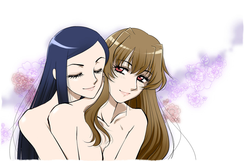 2girls bangs bare_shoulders blue_hair breasts brown_hair cleavage couple eyelashes eyes_closed female floral_background flower fujino_shizuru hug hug_from_behind kuga_natsuki light_smile lips long_hair multiple_girls mutual_yuri my-hime my-otome natsuki_kruger nude parted_bangs red_eyes sabachiyo_land shizuru_viola side_glance smile sunrise_(company) upper_body yuri