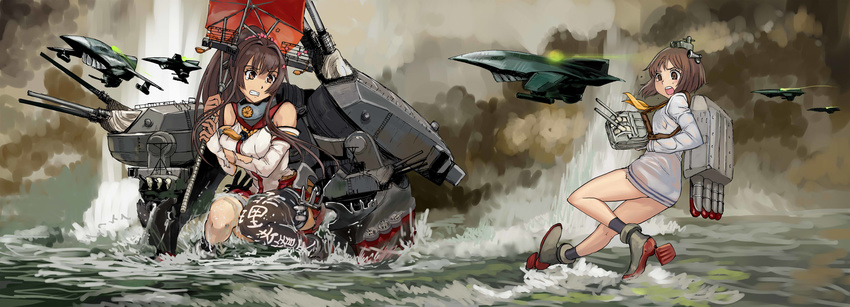 absurdres aircraft airplane anatomy_of_the_ship_series bare_shoulders blush brown_eyes brown_hair cannon cherry_blossoms clenched_teeth clothes_writing cloud detached_sleeves dress enemy_aircraft_(kantai_collection) flower hair_flower hair_ornament highres historical_event kantai_collection long_hair multiple_girls nogami_takeshi open_mouth operation_ten-gou oriental_umbrella ourai_noriyoshi_(style) ponytail sailor_dress school_uniform short_hair sky tears teeth thighhighs torn_clothes translated umbrella very_long_hair water weapon yamato_(kantai_collection) yukikaze_(kantai_collection)