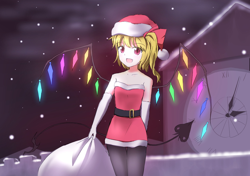 belt blonde_hair flandre_scarlet gloves laevatein minust open_mouth sack santa_costume snow team_shanghai_alice touhou wings