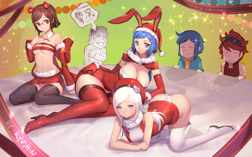 aila_jyrkiainen animal_ears blue_eyes blue_hair breasts brown_eyes brown_hair bunny_ears christmas cleavage glasses gundam_build_fighters hat iori_rinko iori_sei kousaka_china navel panties ral-san reiji_(gundam_bf) ribbons ryushin santa_costume thighhighs underwear white_hair