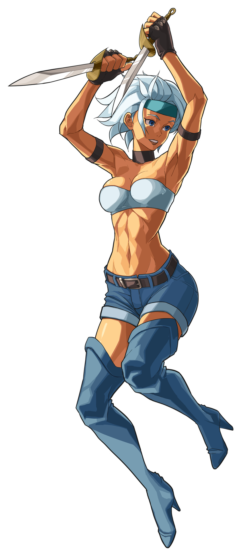 abs absurdres aqua_headband armband armpits arms_up baka_guruo bandeau bare_shoulders belt black_belt black_choker black_gloves blue_eyes blue_footwear blue_legwear blue_shorts boots breasts choker cleavage collarbone dagger denim denim_shorts dual_wielding fighting_stance final_fight final_fight_2 fingerless_gloves from_side full_body gloves headband high_heel_boots high_heels highres holding holding_dagger holding_weapon lipstick looking_away looking_to_the_side makeup mary_(final_fight) medium_breasts midriff navel parted_lips reverse_grip short_hair short_shorts shorts sideboob slender_waist solo strapless tan thigh_boots thighhighs toned transparent_background weapon white_hair