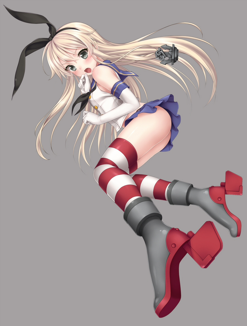 anchor bad_id bad_pixiv_id black_eyes blonde_hair blush boots elbow_gloves full_body gloves grey_background grey_footwear hairband highres kantai_collection long_hair nanamiya open_mouth shimakaze_(kantai_collection) simple_background skirt solo striped striped_legwear thighhighs white_gloves