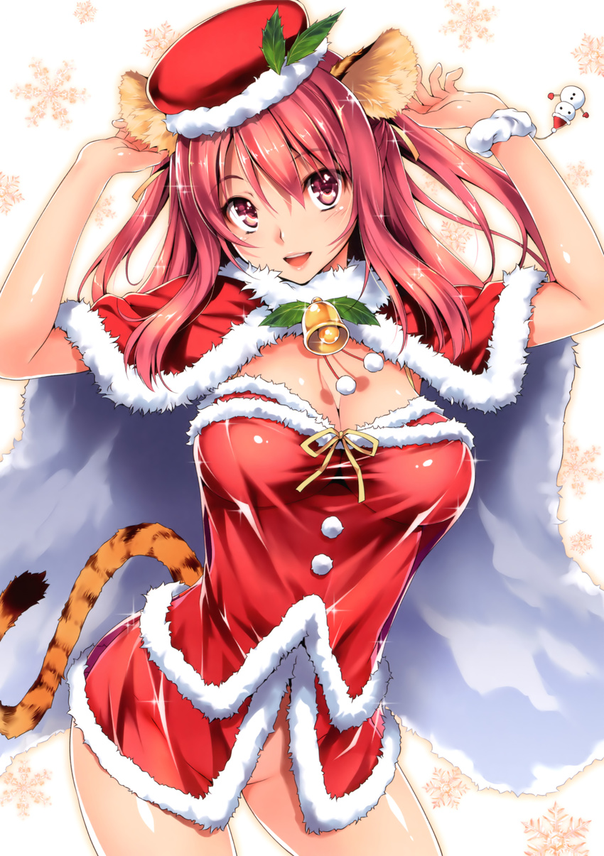 absurdres animal_ears arms_up bell blush bottomless breasts cape christmas cleavage hat highres jingle_bell kikurage_(plastic_people) large_breasts leaf long_hair open_mouth pink_eyes pink_hair santa_costume scan see-through smile snowflakes snowman solo sparkle tail tiger_ears tiger_tail