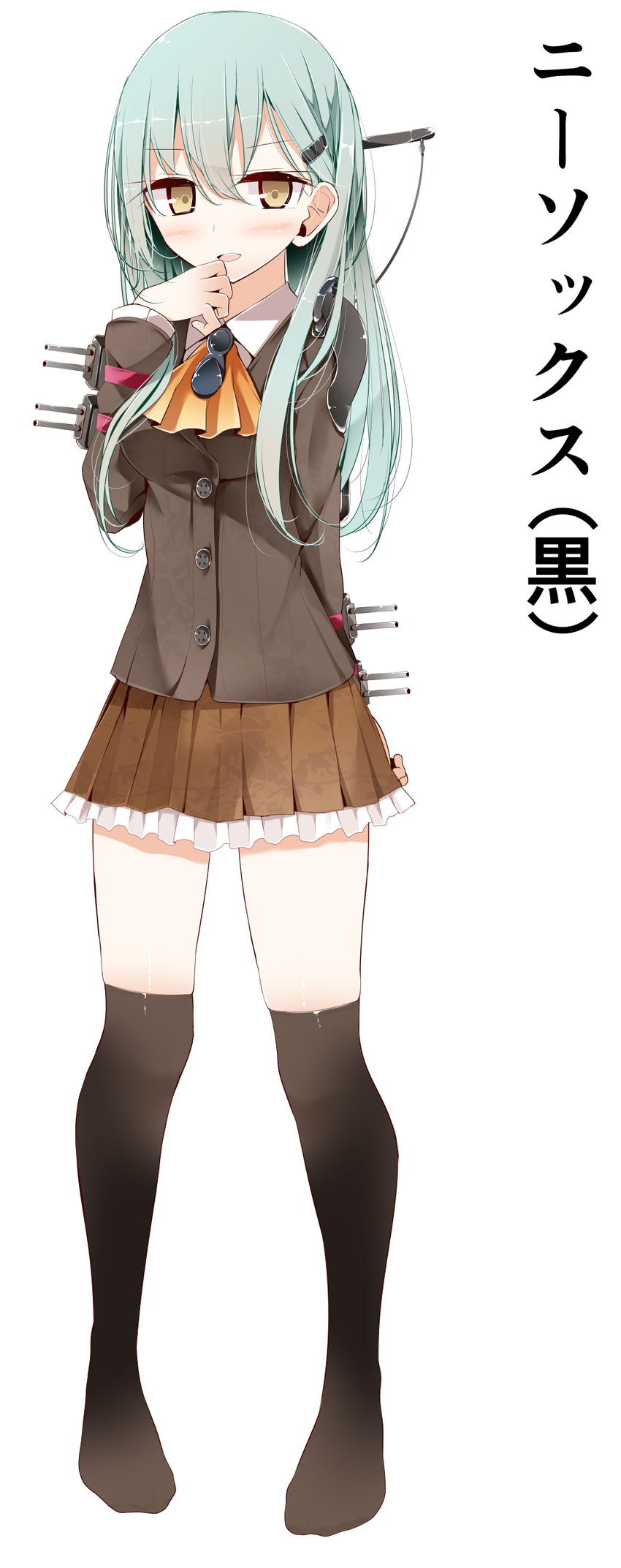 absurdres aqua_hair arm_behind_back bad_id bad_pixiv_id black_legwear blush breasts brown_eyes frilled_skirt frills hair_ornament hairclip hand_to_own_mouth highres kantai_collection long_hair looking_at_viewer medium_breasts neckerchief no_shoes oouso over-kneehighs pleated_skirt school_uniform simple_background skirt solo suzuya_(kantai_collection) thighhighs translated white_background zettai_ryouiki