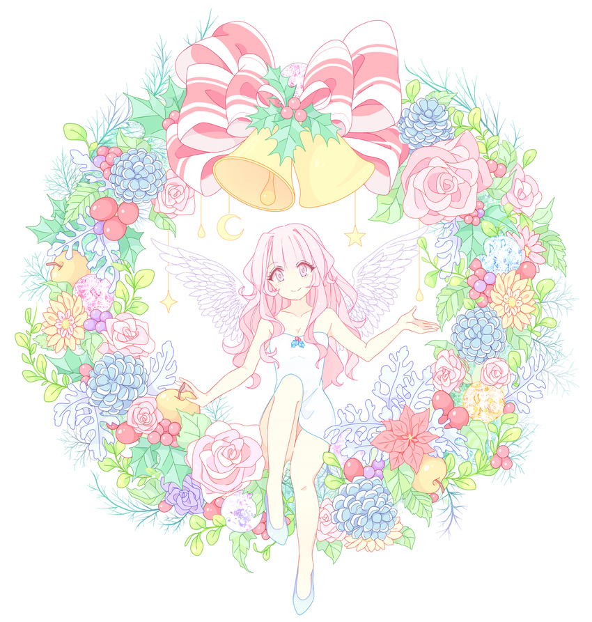 bad_id bad_pixiv_id bare_shoulders bell dress flower highres holly legs long_hair miy original pink_eyes pink_hair shoes simple_background sitting smile solo white_background wings