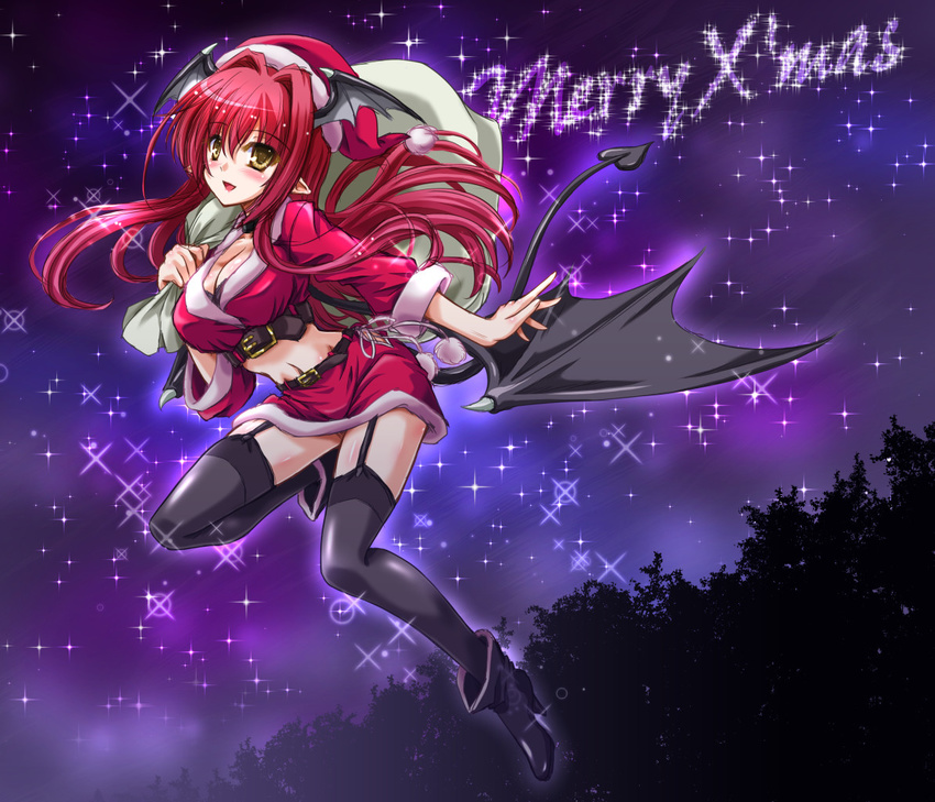 alternate_costume black_legwear blush boots breasts choker cleavage garter_straps hat head_wings high_heels koakuma large_breasts long_hair looking_at_viewer midriff navel pointy_ears red_hair sack santa_costume santa_hat sketch smile solo thighhighs touhou wings yamu_(reverse_noise) yellow_eyes