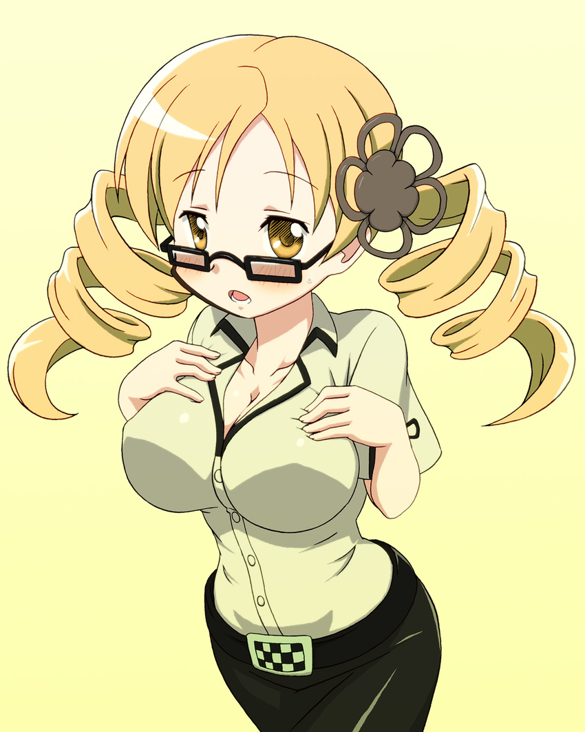 baron_(baron-eros) belt bespectacled blonde_hair blush breasts cosplay drill_hair glasses hair_ornament hairpin highres impossible_clothes impossible_shirt kiryuu_moeka kiryuu_moeka_(cosplay) large_breasts long_hair mahou_shoujo_madoka_magica pants pencil_skirt shirt skirt solo steins;gate tomoe_mami twin_drills twintails yellow yellow_background yellow_eyes