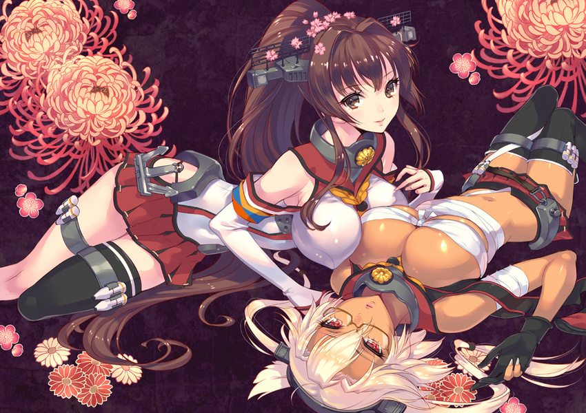 black_legwear blonde_hair breasts brown_eyes brown_hair cherry_blossoms dark_skin flower glasses hair_ornament kantai_collection large_breasts long_hair miniskirt multiple_girls musashi_(kantai_collection) nishimura_eri pleated_skirt pointy_hair ponytail red_eyes sarashi single_thighhigh skirt thighhighs two_side_up yamato_(kantai_collection) zettai_ryouiki