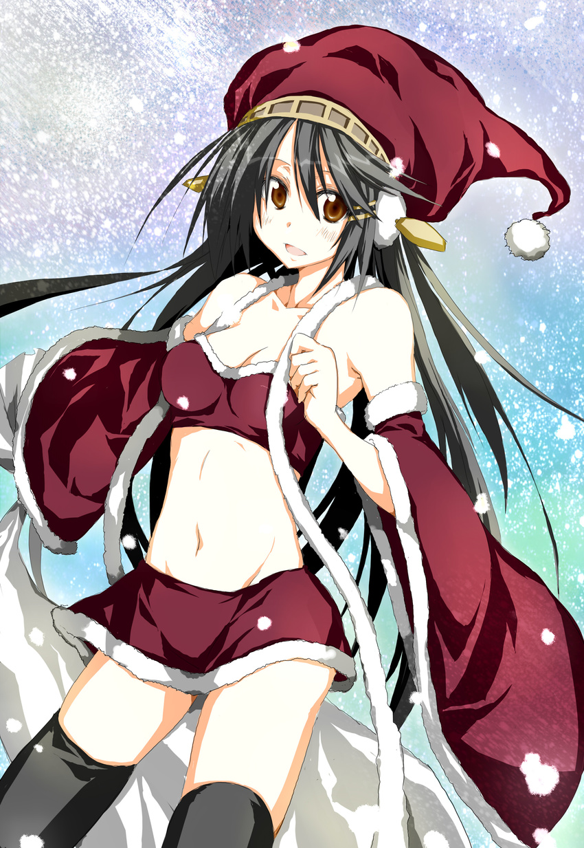 absurdres alternate_costume bad_id bad_pixiv_id bare_shoulders black_hair brown_eyes detached_sleeves hairband haruna_(kantai_collection) highres kantai_collection long_hair long_sleeves looking_at_viewer midriff mukouhara_shiryuu navel santa_costume solo thighhighs wide_sleeves