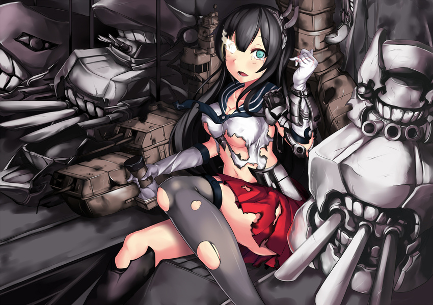 463_jun agano_(kantai_collection) aqua_eyes black_hair breasts dark_persona gloves glowing glowing_eyes highres kantai_collection large_breasts long_hair looking_at_viewer miniskirt pleated_skirt school_uniform serafuku shinkaisei-kan single_thighhigh skirt solo thighhighs torn_clothes torn_legwear white_gloves zettai_ryouiki