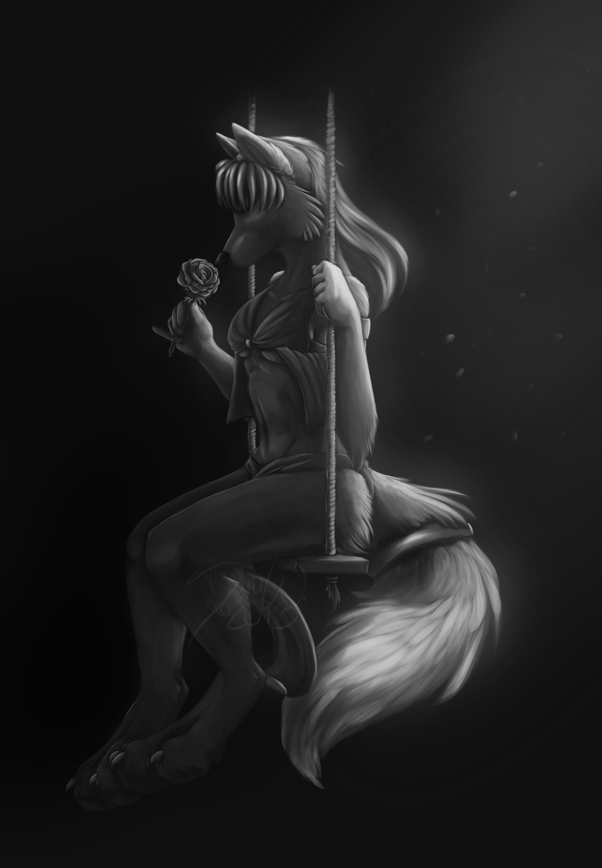 barefoot black_nose breasts canine claws clothing darkness female flower fluffy_tail fox greyscale hair hair_over_eyes holding limizuki loincloth long_hair mammal monochrome mystivix paws romantic rope rope_swing rose shirt side_view sitting sniffing solo swing