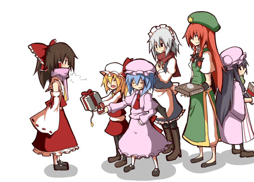 apron bat_wings blonde_hair blue_hair book boots bow box braid breath brooch brown_hair closed_eyes commentary detached_sleeves flandre_scarlet fuse gem gift gift_box hair_bow hair_tubes hakurei_reimu hand_on_hip hat hat_ribbon hong_meiling izayoi_sakuya jewelry juliet_sleeves knee_boots kumo_(atm) long_hair long_sleeves looking_back maid_headdress mary_janes mob_cap multiple_girls no_wings open_mouth pantyhose patchouli_knowledge puffy_sleeves purple_eyes purple_hair red_hair remilia_scarlet ribbon ring scarf shoes silver_hair simple_background skirt skirt_set smile star touhou twin_braids waist_apron white_background wings