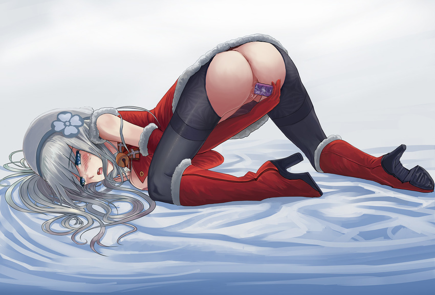 ???_(artist) aila_jyrkiainen all_fours alternate_costume ass bare_shoulders black_legwear blue_eyes blush boots breasts dildo elbow_gloves flower gloves gundam gundam_build_fighters hat hat_flower long_hair masturbation medium_breasts nipples object_insertion open_mouth pussy red_gloves red_legwear silver_hair simple_background solo thigh_boots thighhighs