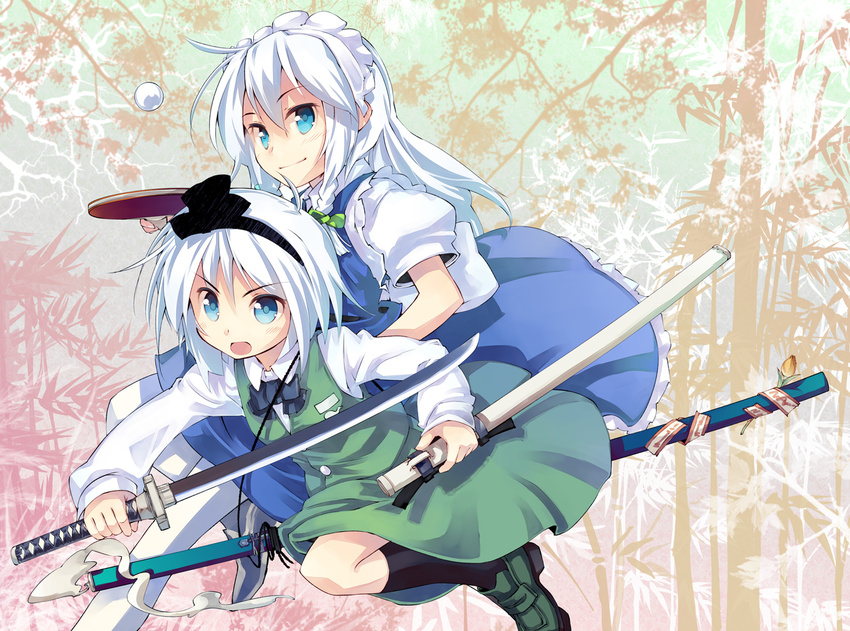 blue_eyes blush dress izayoi_sakuya katana konpaku_youmu long_hair maid nanaroku_(fortress76) short_hair sword touhou weapon white_hair