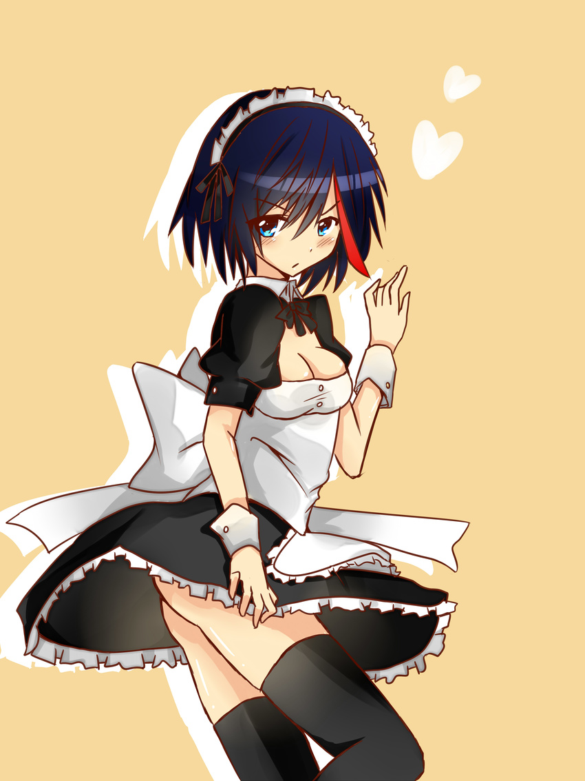 absurdres alternate_costume bad_id bad_pixiv_id black_hair black_legwear blush blythedon bow breasts cleavage cleavage_cutout enmaided frills heart highres kill_la_kill maid maid_headdress matoi_ryuuko medium_breasts multicolored_hair red_hair short_hair solo thighhighs two-tone_hair wrist_cuffs