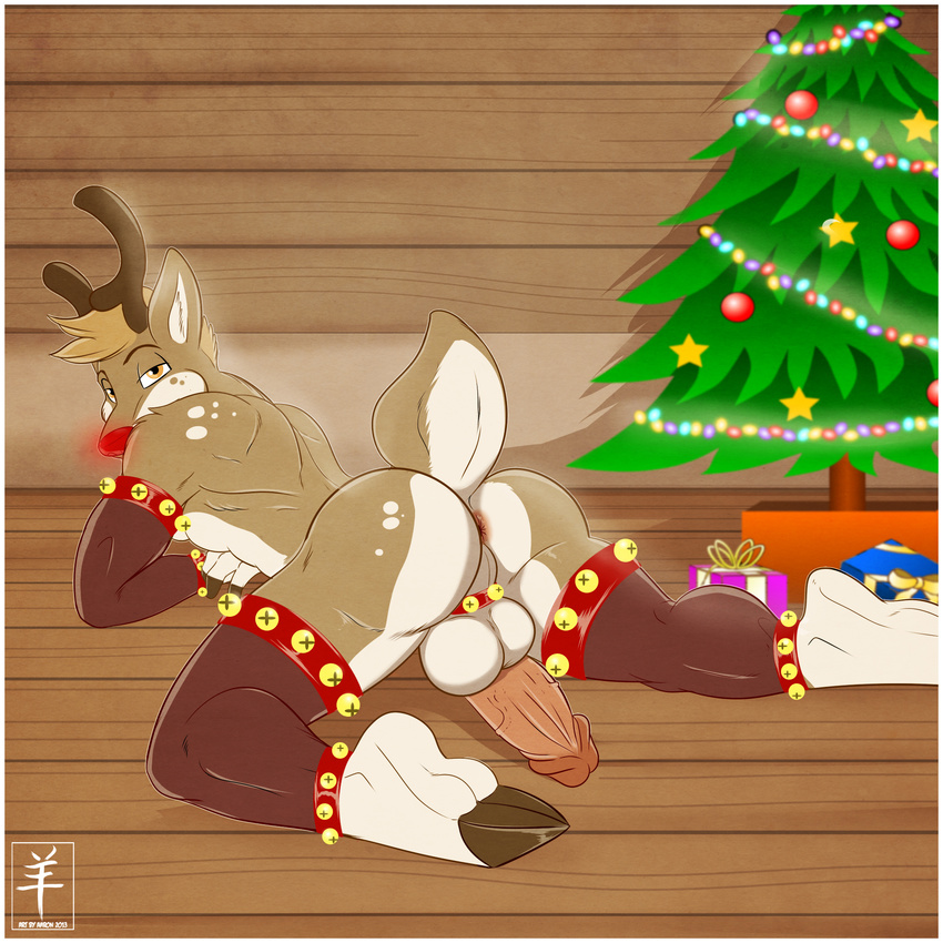 aaron_(artist) anthro antler antlers anus back ball balls barefoot bell biceps big_balls big_penis brown_fur butt cervine christmas christmas_tree cock_ring erection fur gift glowing holidays hooves horn humanoid_penis kneeling looking_at_viewer looking_back lying male mammal muscles nude on_front orange_eyes pecs penis pose presenting presenting_hindquarters presents red_nose reindeer ribbons rudolph solo star tan_fur topless tree vein white_fur yellow_eyes