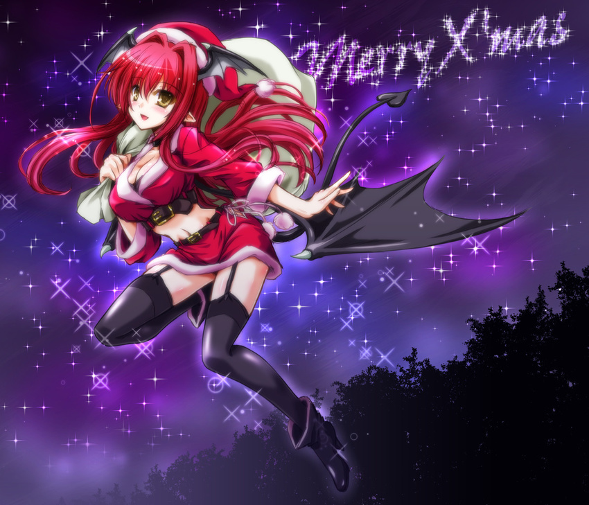 alternate_costume black_legwear blush boots breasts choker cleavage garter_straps hat head_wings high_heels koakuma large_breasts long_hair looking_at_viewer midriff navel pointy_ears red_hair revision sack santa_costume santa_hat sketch smile solo thighhighs touhou wings yamu_(reverse_noise) yellow_eyes