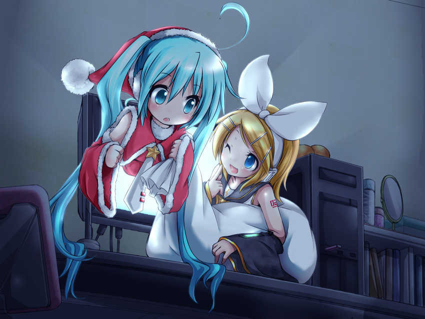 akino_coto aqua_eyes aqua_hair blonde_hair blue_eyes christmas computer hat hatsune_miku kagamine_rin long_hair short_hair twintails vocaloid wink