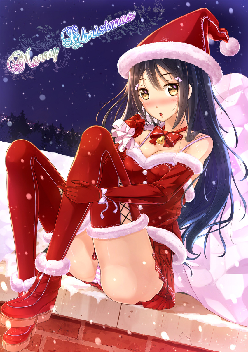 :o black_hair brown_eyes christmas elbow_gloves gloves hat highres kazeno long_hair merry_christmas original panties red_gloves sack santa_costume santa_hat skirt snowing solo striped striped_panties underwear