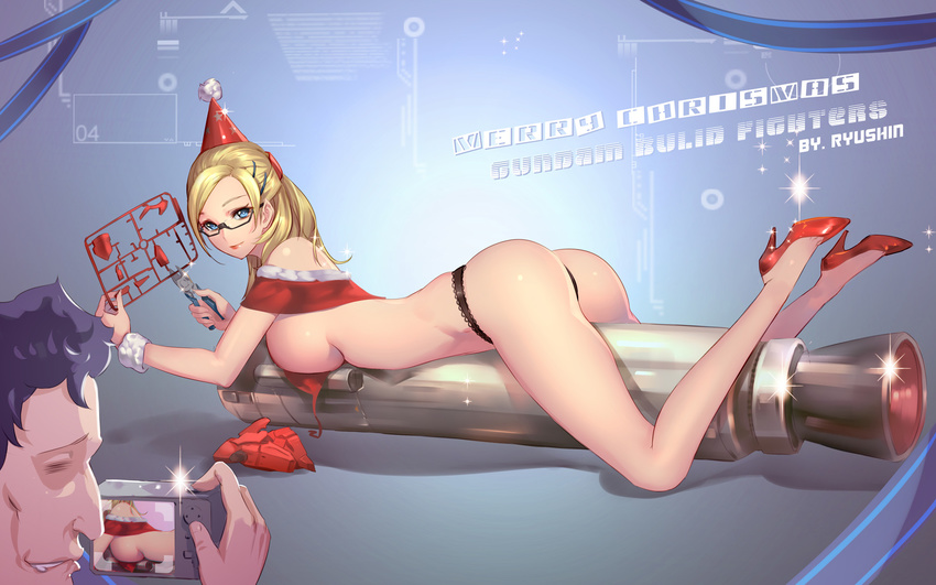 1girl artist_name ass baker_(gundam_bf) bikini black_panties blonde_hair blue_eyes bobby_pin breasts camera chairman_mashita christmas copyright_name glasses gundam gundam_build_fighters gunpla hair_ornament hairclip hat high_heels highres lace lace-trimmed_panties large_breasts legs lips lipstick long_hair long_legs makeup model model_building off_shoulder panties party_hat rocket ryushin santa_costume semi-rimless_eyewear sideboob swimsuit thong thong_bikini typo underwear untied untied_bikini