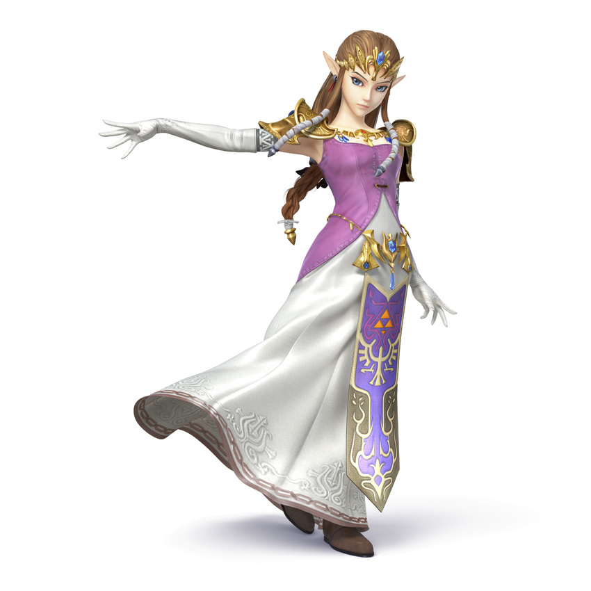 3d blue_eyes breasts brown_hair earrings elbow_gloves gloves highres jewelry long_hair official_art pointy_ears princess_zelda shoulder_pads simple_background small_breasts solo super_smash_bros. the_legend_of_zelda the_legend_of_zelda:_twilight_princess tiara