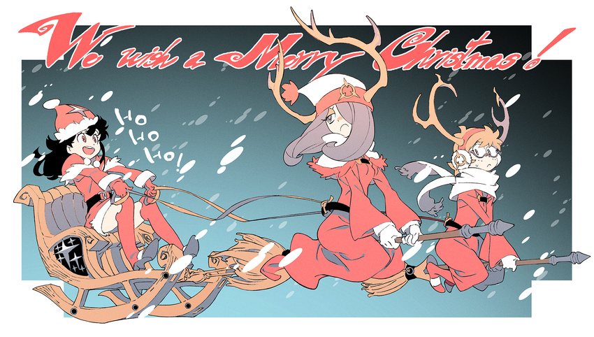 antlers broom broom_riding brown_hair christmas colorized commentary dress english glasses gloves hat highres kagari_atsuko little_witch_academia lotte_jansson merry_christmas multiple_girls official_art orange_hair pale_skin pink_hair promotional_art reindeer_antlers santa_costume santa_hat scarf skirt sleigh sucy_manbavaran trigger_(company) witch yoshinari_you