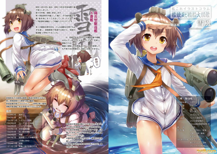 :d bangs binoculars brown_hair dress kantai_collection karochii open_mouth panties pantylines partially_translated sailor_dress salute short_hair smile solo tears translation_request underwear wall_of_text wavy_mouth white_panties yukikaze_(kantai_collection)