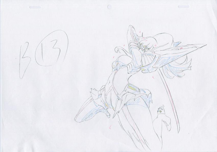 angry armor armored_dress attack boots color_trace commentary dress highres junketsu katana key_frame kill_la_kill kiryuuin_satsuki long_hair looking_at_viewer official_art partially_colored production_art production_note promotional_art sailor_dress school_uniform serious simple_background sketch skirt sword thigh_boots thighhighs trigger_(company) uniform weapon white_background