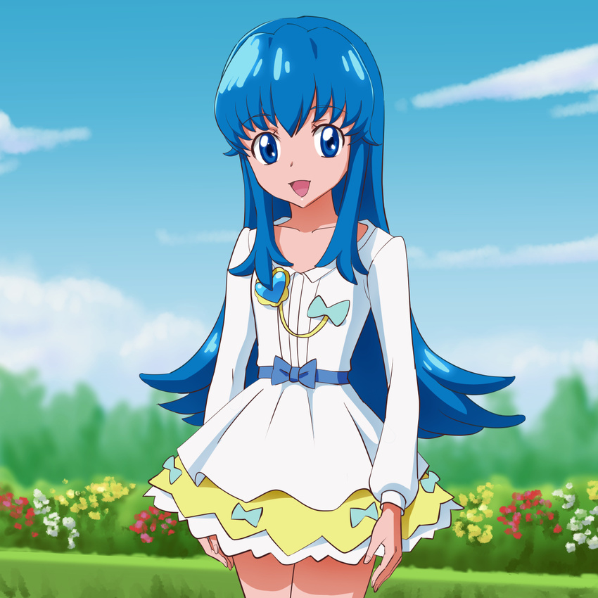 :d bad_id bad_pixiv_id blue_eyes blue_hair bow day grass happinesscharge_precure! highres long_hair mont_blanc_(heartcatch_ayaya) open_mouth precure shirayuki_hime skirt sky smile solo