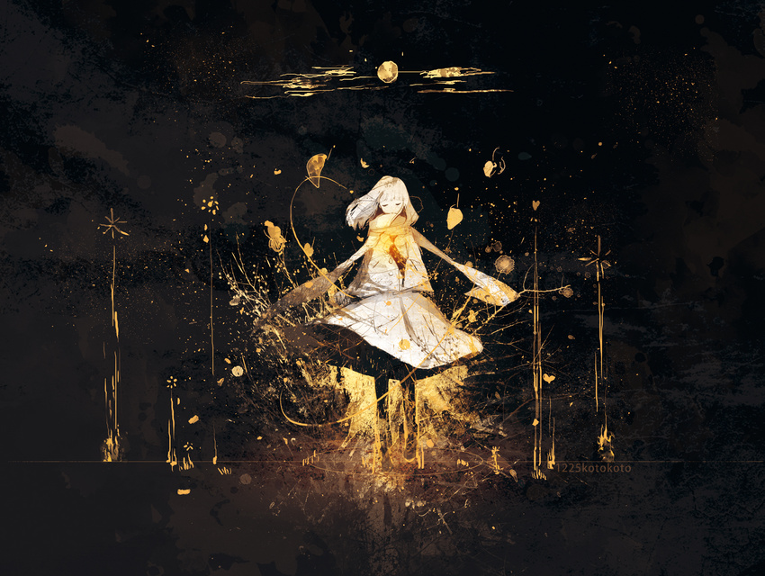 artist_name black_background closed_eyes commentary_request dated highres kotokoto_(vibgyor) original paint_splatter scarf solo spot_color trench_coat white_hair